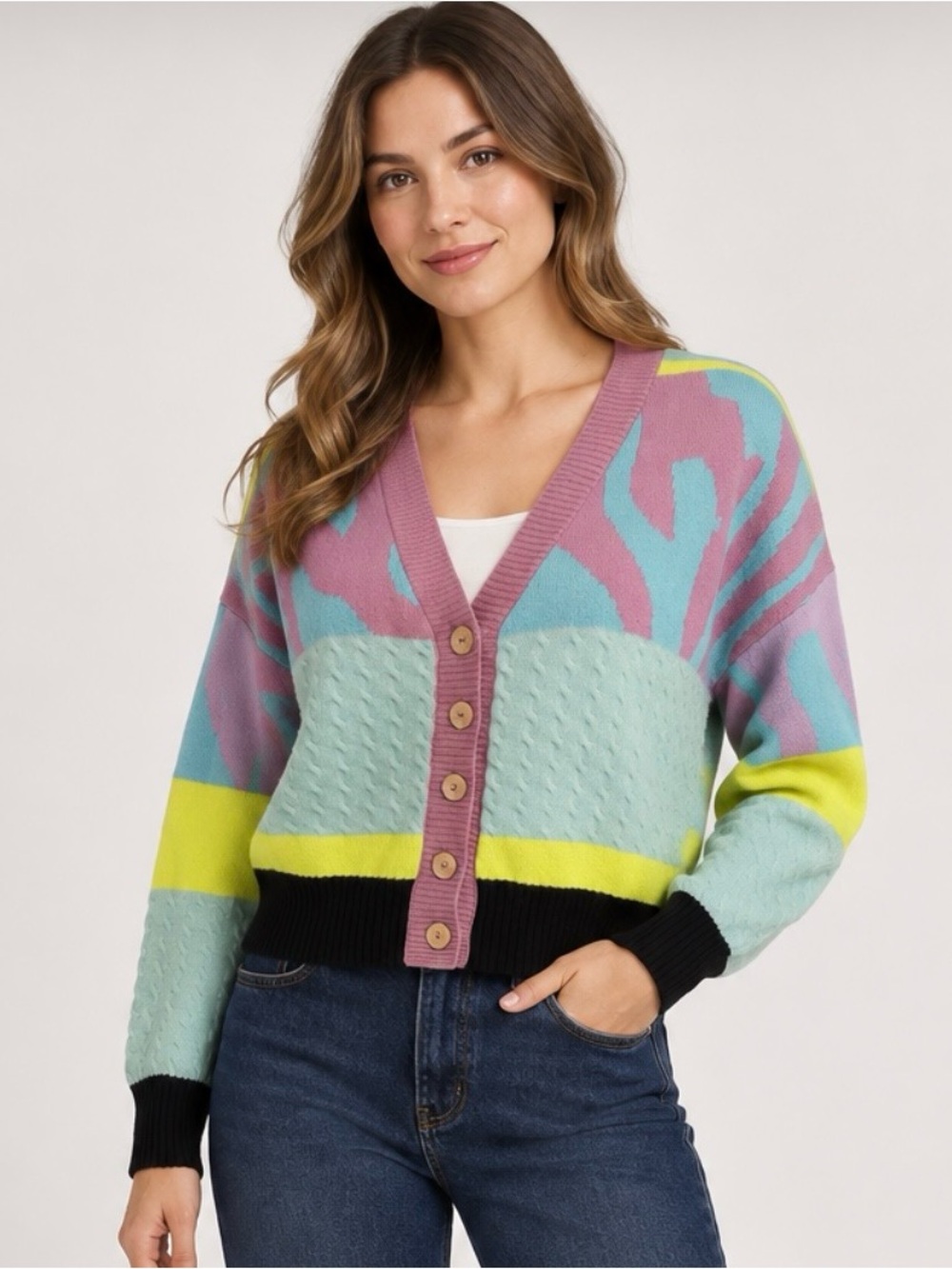Brodie Cashmere Multicolor Abstract Cropped Cardigan Women’s XS NWOT